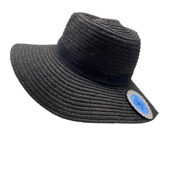 Fair Weather Black Straw Wide Brim Heart Crown Sun Hat - Picture 9 of 12